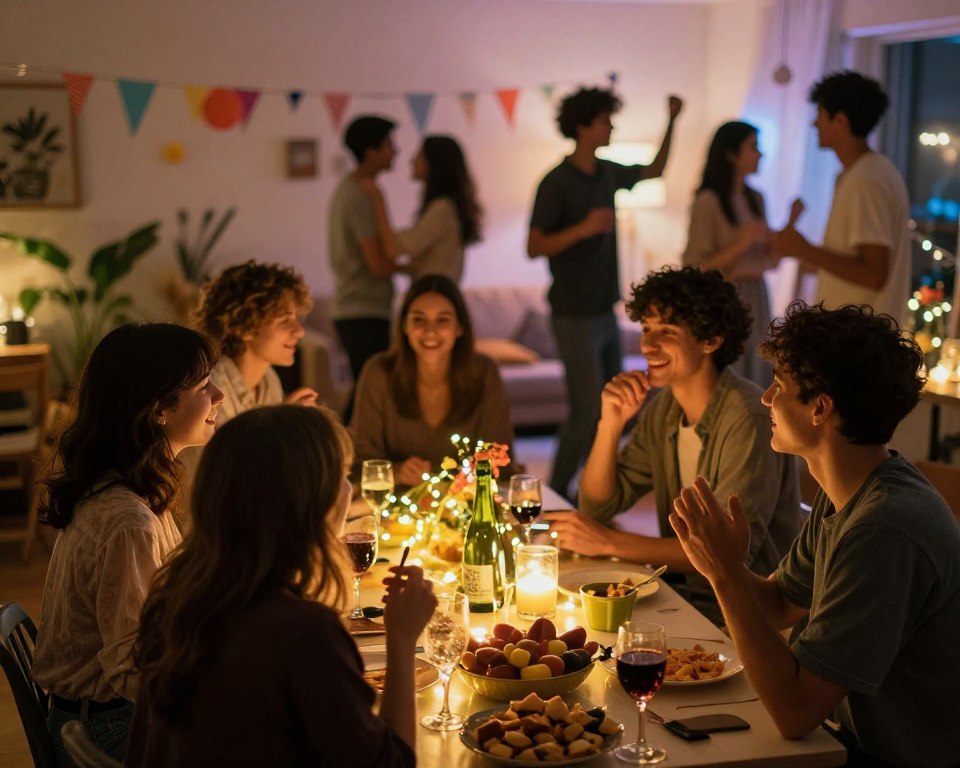 A dreamlike scene illustrating emotions related to a home party, showcasing a diverse group of people enjoying a lively atmosphere. In the foreground, individuals are engaged in animated conversations, smiling, and exuding warmth, wearing modest casual clothing. The middle ground features a beautifully decorated table with festive snacks and drinks, while soft, glowing fairy lights create an inviting ambiance. In the background, silhouettes of people dancing can be seen against a blurred wall filled with colorful decorations and party elements, adding depth. The lighting is warm and ethereal, resembling a dreamy twilight, emphasizing a nostalgic yet joyful mood. The perspective is slightly elevated, capturing the vibrancy of the gathering while maintaining a sense of intimacy and reflection on emotional experiences during such dreams. A dreamlike scene illustrating emotions related to a home party, showcasing a diverse group of people enjoying a lively atmosphere. In the foreground, individuals are engaged in animated conversations, smiling, and exuding warmth, wearing modest casual clothing. The middle ground features a beautifully decorated table with festive snacks and drinks, while soft, glowing fairy lights create an inviting ambiance. In the background, silhouettes of people dancing can be seen against a blurred wall filled with colorful decorations and party elements, adding depth. The lighting is warm and ethereal, resembling a dreamy twilight, emphasizing a nostalgic yet joyful mood. The perspective is slightly elevated, capturing the vibrancy of the gathering while maintaining a sense of intimacy and reflection on emotional experiences during such dreams.