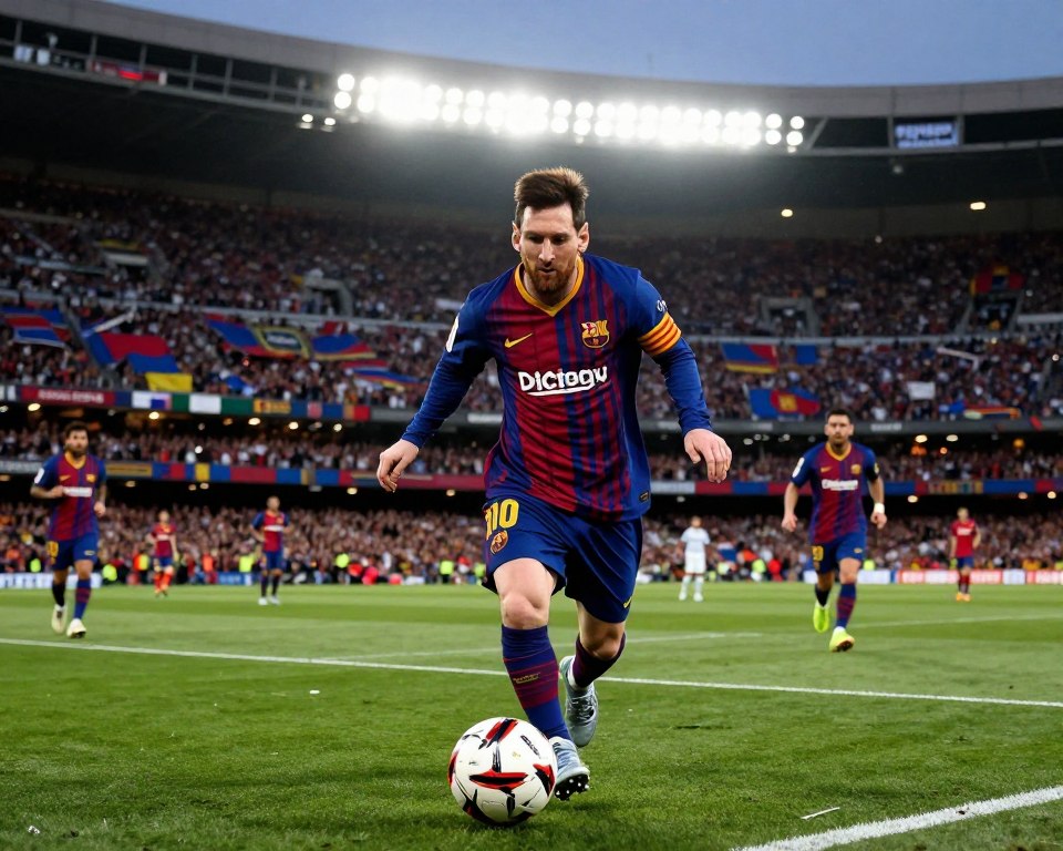 A dynamic scene showcasing Lionel Messi during his iconic career at FC Barcelona, captured in a vivid stadium atmosphere. In the foreground, Messi is dribbling the ball skillfully, wearing the classic blue and garnet FC Barcelona jersey, his focused expression highlighting determination and passion. The middle ground features a cheering crowd, vibrant banners, and other players in action, creating a sense of excitement and energy. The background includes the iconic Camp Nou stadium under bright floodlights, casting a warm glow over the field. The image is shot from a low angle, emphasizing Messi’s agility and skill, with a slight motion blur to convey speed. The overall mood is triumphant and spirited, encapsulating Messi’s remarkable achievements throughout his career.