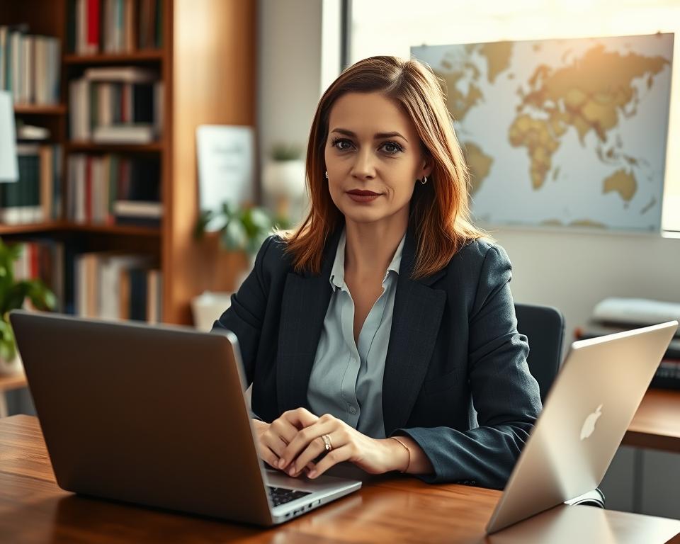 A focused portrait of a professional female journalist, Magdalena Kaliniak, in a modern editorial office. She is seated at a sleek, wooden desk covered with notes and a laptop. Her expression is thoughtful and engaged, reflecting curiosity and professionalism. She's dressed in smart, modest business attire—perhaps a tailored blazer and a simple blouse. Soft natural light filters through a nearby window, creating a warm glow that highlights her features. In the background, blurred bookshelves filled with journals and a world map add depth, hinting at her global perspective. The camera angle is slightly above eye level, giving a sense of dignity and authority. The overall atmosphere is one of determination and intelligence, suitable for an insightful article on her age and career.