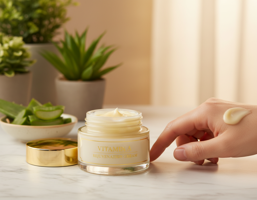A luxurious jar of vitamin A ointment prominently displayed in the foreground, showcasing its rich, creamy texture. The jar is elegantly designed, with a golden lid and glossy label, set on a marble countertop. In the middle ground, a delicate application of the ointment is seen on a smooth, youthful hand, emphasizing its rejuvenating qualities for the skin. In the background, softly blurred, are lush green plants and a small bowl of fresh aloe vera, symbolizing natural skin care. The lighting is warm and inviting, casting a soft glow over the scene, creating a serene and calming atmosphere. The composition is thoughtfully arranged to convey the effectiveness of vitamin A in reducing wrinkles and promoting skin regeneration. A luxurious jar of vitamin A ointment prominently displayed in the foreground, showcasing its rich, creamy texture. The jar is elegantly designed, with a golden lid and glossy label, set on a marble countertop. In the middle ground, a delicate application of the ointment is seen on a smooth, youthful hand, emphasizing its rejuvenating qualities for the skin. In the background, softly blurred, are lush green plants and a small bowl of fresh aloe vera, symbolizing natural skin care. The lighting is warm and inviting, casting a soft glow over the scene, creating a serene and calming atmosphere. The composition is thoughtfully arranged to convey the effectiveness of vitamin A in reducing wrinkles and promoting skin regeneration.