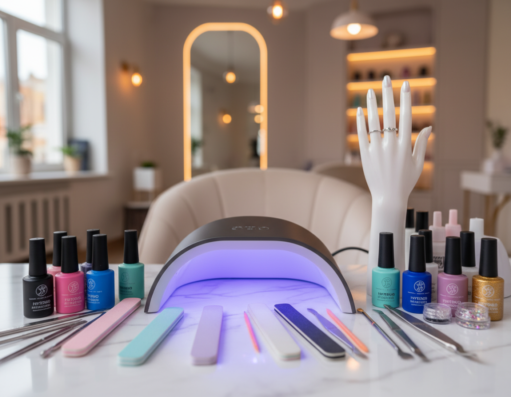 A modern UV nail lamp positioned prominently in the foreground, surrounded by an array of hybrid manicure accessories like colorful gel polishes, nail files, and cuticle pushers. The lamp emits a soft, inviting glow, highlighting the shiny gel polish bottles in vibrant hues of pink, blue, and lavender. In the middle ground, a neatly organized manicure table features a delicate hand model wearing simple, elegant rings, showcasing freshly manicured nails under the UV lamp. The background includes a muted, softly blurred salon environment with warm, ambient lighting that creates a cozy and welcoming atmosphere. The scene conveys a sense of preparation and beauty, inviting viewers into the world of hybrid nail care.