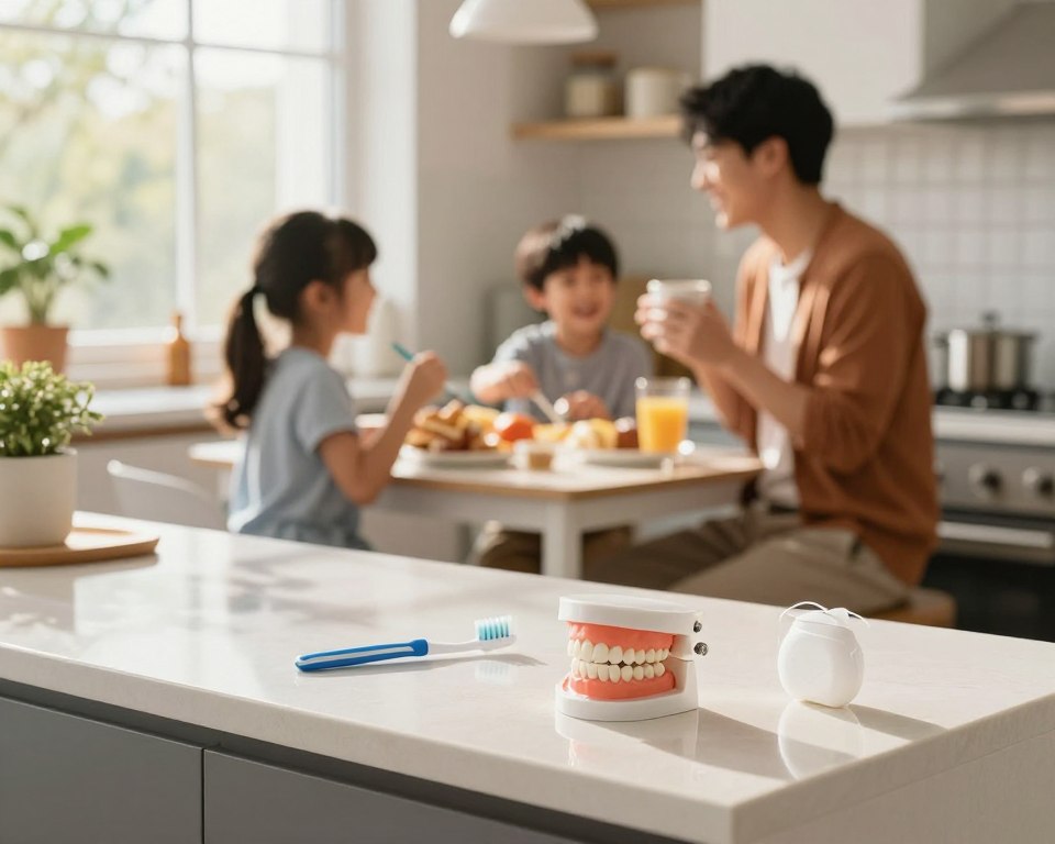 A modern kitchen scene featuring a stylish and well-organized dental care station. In the foreground, a sleek dental prosthesis, illustrating an artificial jaw, is placed on a polished countertop next to a toothbrush and dental floss. The middle ground reveals a bright, cheerful family preparing breakfast, with one person wearing smart casual clothing, smiling while holding a mug. Natural sunlight streams in through a window, creating warm lighting that adds a comforting atmosphere. In the background, soft-focus plants and decorative items enhance the sense of a lived-in home. The composition captures the integration of dental health into everyday life, emphasizing practicality and comfort.