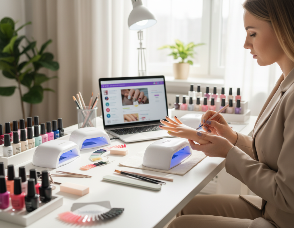 A modern online nail styling course setup, featuring a well-lit workspace with a variety of nail polish bottles in an array of colors. In the foreground, a female instructor in professional business attire is demonstrating hybrid manicure techniques on a practice hand, showcasing meticulous attention to detail. The middle layer includes a laptop with a vibrant online tutorial displayed on the screen, surrounded by manicure tools such as brushes, files, and UV lamps. In the background, a soft-focus view of a stylish, minimalist decor that suggests a professional yet welcoming atmosphere, with natural light streaming through a window. The overall mood is educational, engaging, and inspiring, reflecting the essence of learning in a comfortable, modern setting. A modern online nail styling course setup, featuring a well-lit workspace with a variety of nail polish bottles in an array of colors. In the foreground, a female instructor in professional business attire is demonstrating hybrid manicure techniques on a practice hand, showcasing meticulous attention to detail. The middle layer includes a laptop with a vibrant online tutorial displayed on the screen, surrounded by manicure tools such as brushes, files, and UV lamps. In the background, a soft-focus view of a stylish, minimalist decor that suggests a professional yet welcoming atmosphere, with natural light streaming through a window. The overall mood is educational, engaging, and inspiring, reflecting the essence of learning in a comfortable, modern setting.