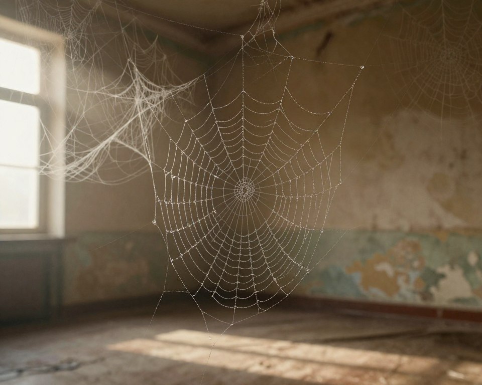 A mystical room with intricate cobwebs covering the walls, evoking a dreamlike quality. In the foreground, delicate strands of a spiderweb glisten with dew drops under soft, diffuse morning light creating a hazy atmosphere. The middle layer features the textured walls of an old, abandoned room, their peeling paint hinting at forgotten stories. In the background, shadows stretch across the floor, enhancing the sense of depth and mystery. The composition is viewed from a slight low angle, emphasizing the towering presence of the walls. The lighting is warm and ethereal, adding a tranquil yet eerie mood, perfect for exploring the symbolic meaning of the spider webs. The scene is devoid of any text or additional elements, focusing solely on this evocative interpretation.