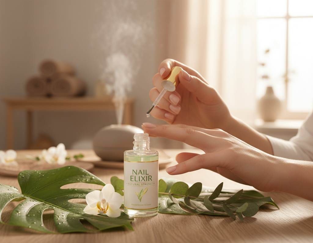 A natural nail conditioner displayed elegantly on a wooden vanity. In the foreground, a sleek bottle of the nail conditioner is highlighted, surrounded by fresh green leaves and delicate white flowers, symbolizing its natural ingredients. In the middle ground, there's a softly focused hand gently applying the conditioner to freshly manicured nails, showcasing a professional yet warm atmosphere. The background features a serene, softly lit setting with a blurred view of a peaceful spa environment, adding to the calming mood. Soft, natural light filters in, creating a warm glow that emphasizes the product’s appeal and evokes feelings of care and rejuvenation. The overall atmosphere should feel inviting and fresh, perfect for promoting healthy nails after hybrid manicure treatments.