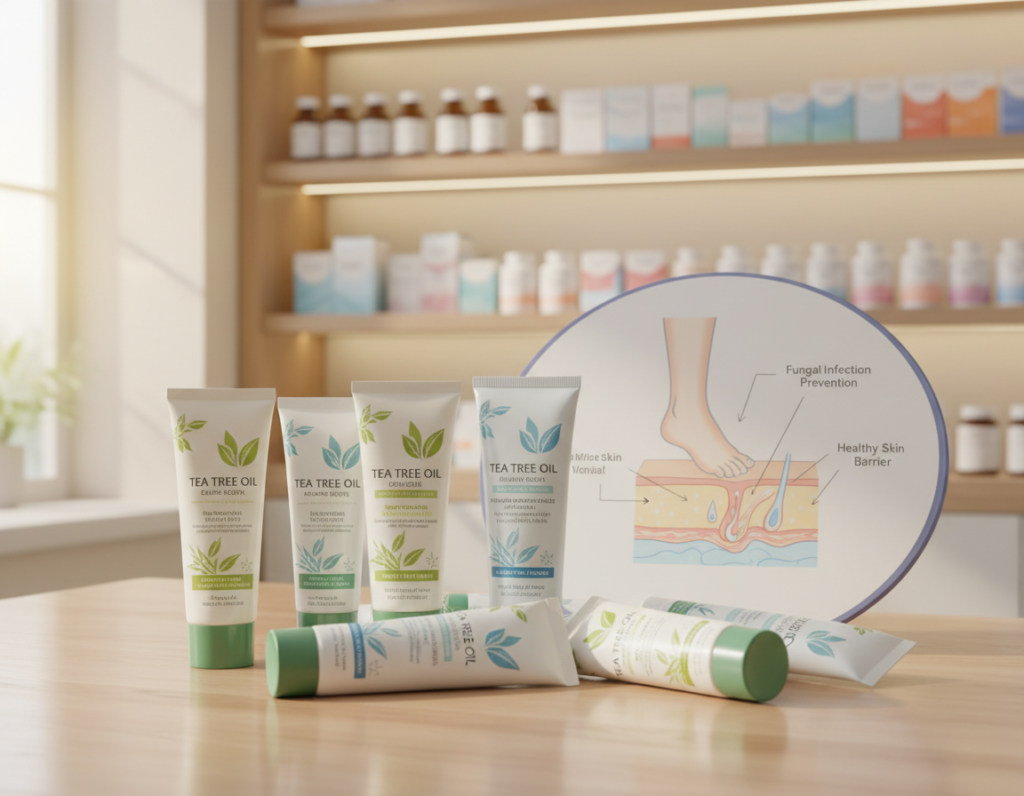 A neatly arranged display of foot and skin antifungal creams on a clean, wooden table. In the foreground, focus on a variety of cream tubes labeled with natural ingredients like tea tree oil and aloe vera, reflecting their medicinal purpose with soft, soothing colors. The middle ground features a subtle layout of a skin diagram illustrating fungal infection prevention, emphasizing health and wellness. The background shows a softly lit pharmacy shelf with more over-the-counter products, creating a calm and professional atmosphere. Natural light streams in, highlighting the textures of the creams and the details on the labels, enhancing the overall warm and inviting feel of the composition. A neatly arranged display of foot and skin antifungal creams on a clean, wooden table. In the foreground, focus on a variety of cream tubes labeled with natural ingredients like tea tree oil and aloe vera, reflecting their medicinal purpose with soft, soothing colors. The middle ground features a subtle layout of a skin diagram illustrating fungal infection prevention, emphasizing health and wellness. The background shows a softly lit pharmacy shelf with more over-the-counter products, creating a calm and professional atmosphere. Natural light streams in, highlighting the textures of the creams and the details on the labels, enhancing the overall warm and inviting feel of the composition.