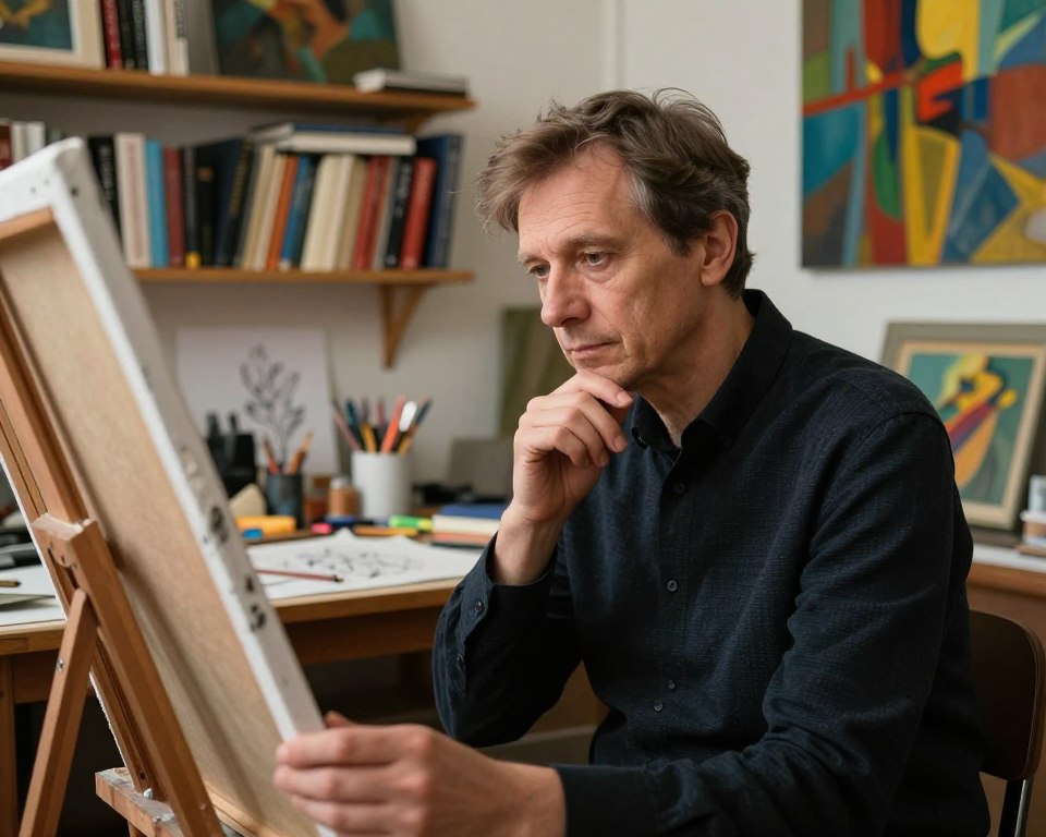 A portrait of Jacek Gulczyński, the Polish artist, depicted in an artistic studio setting. In the foreground, he is seen thoughtfully examining a canvas, dressed in professional attire with a well-groomed appearance. The middle ground should include various art supplies and sketches scattered around, showcasing his creative process. The background features shelves lined with books on art history and colorful abstract paintings. Soft, warm lighting illuminates the scene, casting gentle shadows and creating an inviting atmosphere that reflects his artistic journey. Capture a sense of contemplation and passion in the composition, with a slightly blurred depth of field to emphasize the artist's focus on his craft.
