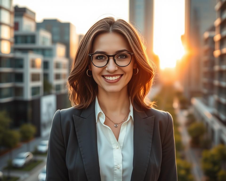 A portrait of Maja Sablewska, a stylish woman in her 30s, dressed in elegant business attire, standing confidently against a modern urban backdrop. The foreground features Maja with a bright smile and an approachable demeanor, showcasing her vibrant personality. In the middle, buildings and green spaces blend harmoniously, symbolizing her connection to contemporary culture. The background is a soft-focus cityscape during golden hour, casting a warm glow over the scene. The lighting is soft and inviting, emphasizing her youthful energy while creating a mood of sophistication and empowerment. The composition is framed in a way that draws the viewer’s eye to her, capturing the essence of her age and style.