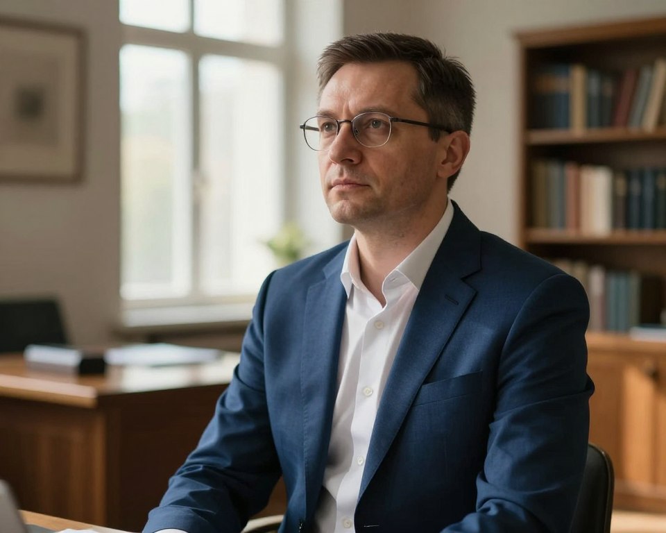 A portrait of a middle-aged man named Sławomir Nelup, characterized by a thoughtful expression, dressed in a smart, professional blue suit and white shirt. He has short, neatly combed dark hair and wears glasses that give him an intellectual appearance. The foreground includes a soft focus on his face, while the middle ground features an elegant, understated office environment, with a wooden desk and bookshelves in the background. Natural light filters in through a large window, casting warm, inviting rays that create a cozy atmosphere. The color palette is calm and professional, enhancing the mood of contemplation and respect. The angle captures a slight upward perspective, exuding confidence and authority, with no text or other elements disrupting the scene.