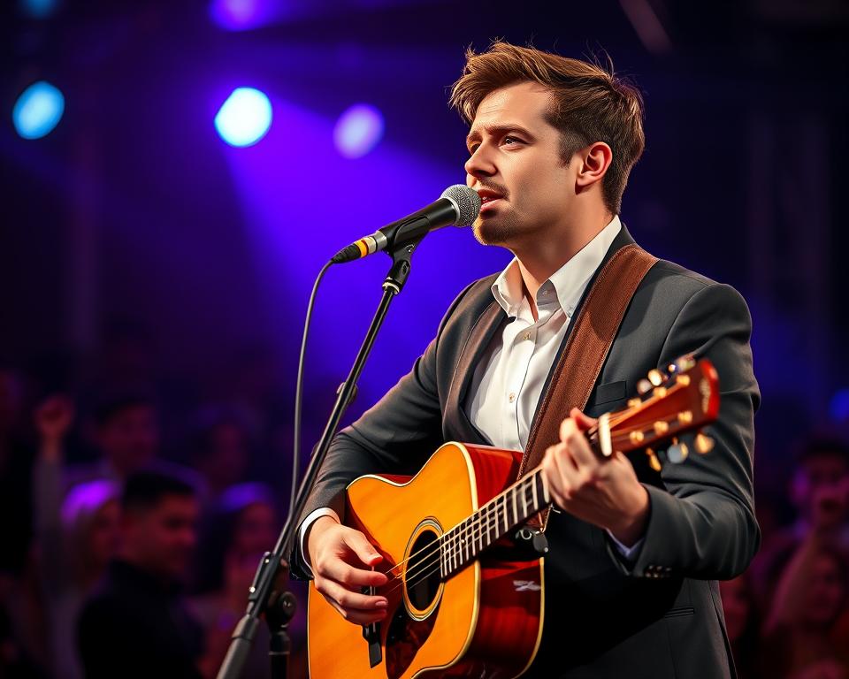 A professional male musician, Paweł Gołecki, in his thirties, stands confidently on stage, wearing a stylish yet modest black suit with a polished white shirt. He holds an acoustic guitar and is passionately singing into a microphone. The foreground showcases his expressive face, reflecting determination and artistry. In the middle ground, a soft spotlight highlights him against a blurred backdrop of an enthusiastic audience, their silhouettes capturing the excitement of a live performance. The background features colorful stage lights in shades of blue and purple, creating a dynamic and energetic atmosphere. The scene is illuminated with warm lighting, enhancing the intimate vibe. The composition is shot from a slightly low angle to emphasize his presence on stage, evoking a sense of admiration and inspiration.