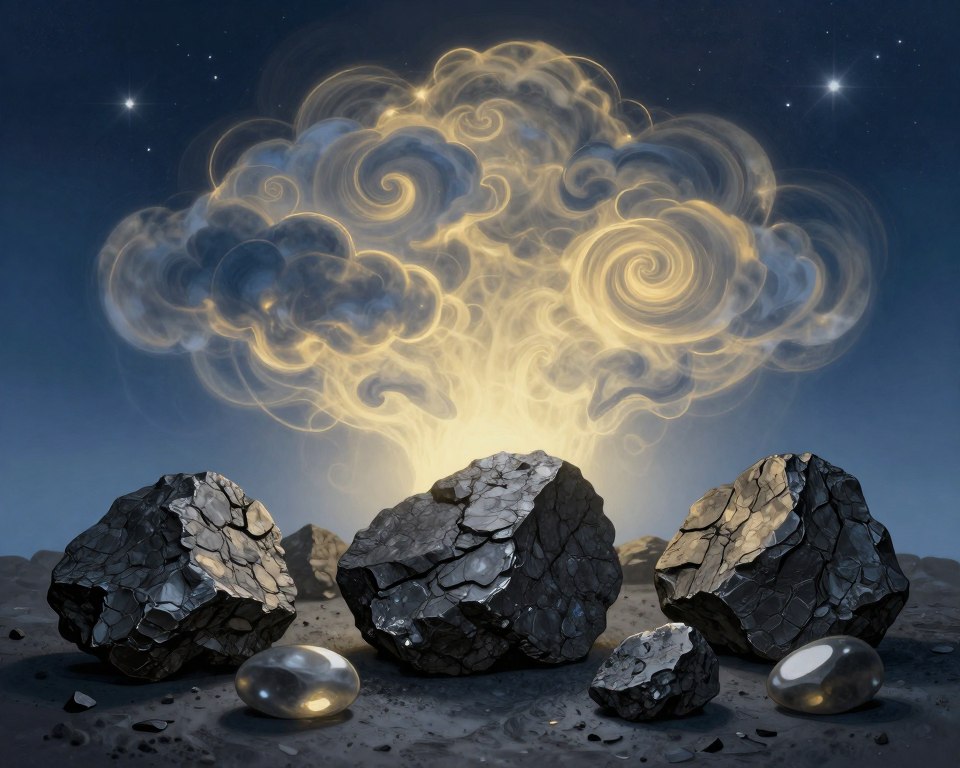 A richly detailed illustration depicting a coal dream interpretation scene. In the foreground, showcase various forms of coal - raw, polished, and fragmented - intricately arranged on a textured surface, illuminated by soft, ethereal lighting to enhance their natural textures. The middle ground features an artistically abstract representation of dreams, with swirling clouds and ethereal shapes symbolizing thought and imagination, bathed in a mystical light that transitions from deep blues to luminous golds. The background fades into a tranquil gradient, suggesting a night sky filled with stars, evoking a sense of wonder and introspection. The atmosphere should convey a calm yet intriguing mood, inviting viewers to reflect on the symbolic meanings of coal in dreams.