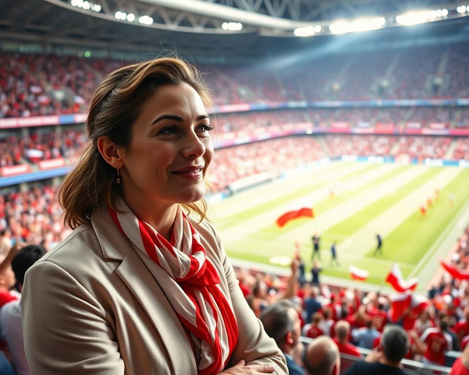 A scene depicting Matilde Rossi, the supportive wife of Polish national team goalkeeper Łukasz Skorupski, in the foreground. She is wearing a stylish yet modest outfit, perhaps a chic red and white ensemble representing Poland's colors, with a subtle smile as she cheers during a football match. The middle layer features a vibrant football stadium filled with enthusiastic fans, waving flags and banners in support of the team. In the background, the field is alive with action, showcasing players in motion. The lighting is bright and dynamic, capturing the energy of a live match, with a slight focus on Matilde to emphasize her emotional connection to the game. The atmosphere is one of excitement and pride, reflecting the spirit of sportsmanship and familial support.