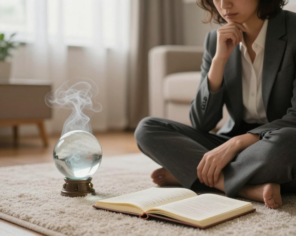 A serene and contemplative scene illustrating the theme of dream interpretation related to divorce. In the foreground, a person sits cross-legged on a soft, neutral-colored rug, dressed in professional business attire, gazing thoughtfully at an open dream journal filled with handwritten notes. In the middle ground, an ethereal mist rises from a crystal ball, symbolizing insights into subconscious feelings. The background features a softly blurred room adorned with calming colors, gently illuminated by warm, natural light filtering through sheer curtains. The atmosphere is tranquil and introspective, conveying a sense of reflection and understanding. The focus is on the individual’s expression of contemplation and exploration, capturing the essence of interpreting dreams about divorce.