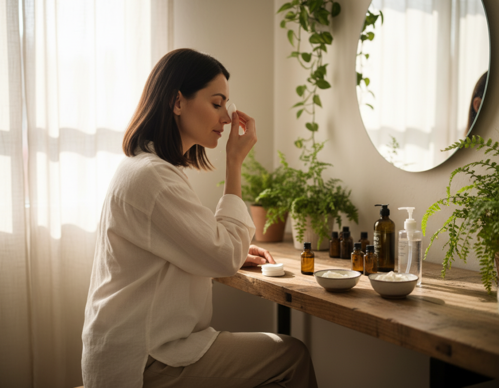 A serene bathroom setting with natural sunlight streaming through a window, illuminating a wooden vanity adorned with essential oils, aloe vera gel, and cotton pads, showcasing natural methods for removing henna from eyebrows. In the foreground, a professional woman in modest casual clothing gently applying a natural remedy on her brows, demonstrating the process of henna removal. The middle ground features a small bowl of olive oil and another bowl of yogurt, symbolizing effective natural solutions. The background includes soft green plants, creating a fresh and calming atmosphere. The scene captures a sense of tranquility and self-care, emphasizing an organic approach to beauty. Soft, diffused lighting enhances the inviting ambiance.