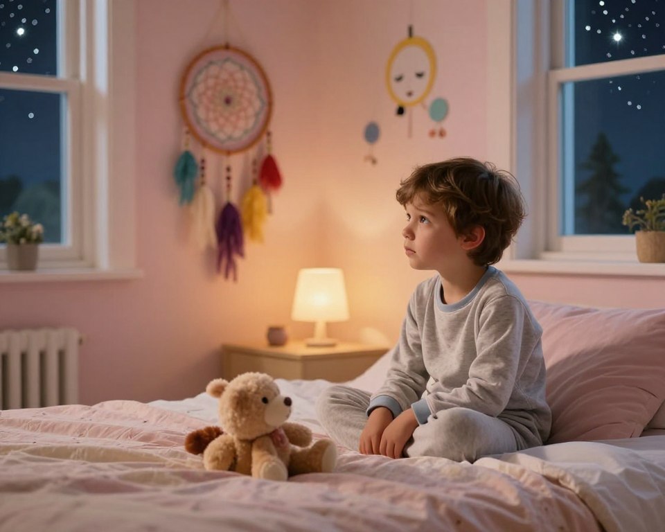 A serene bedroom scene featuring a young child, about five years old, sitting on the edge of a neatly made bed. The child, dressed in comfortable pajamas, looks contemplative and slightly worried, gazing at a colorful dreamcatcher hanging on the wall. In the foreground, a plush toy is clutched in their hands, symbolizing comfort. Soft, warm lighting illuminates the room, creating a gentle and cozy atmosphere. The walls are painted in soothing pastel colors, adorned with whimsical wall art that reflects childhood innocence. In the background, a window shows a night sky with twinkling stars, hinting at the mysterious world of dreams. The overall mood conveys a sense of reflection and emotional safety, emphasizing the theme of dreaming and the concerns children may express through their dreams.