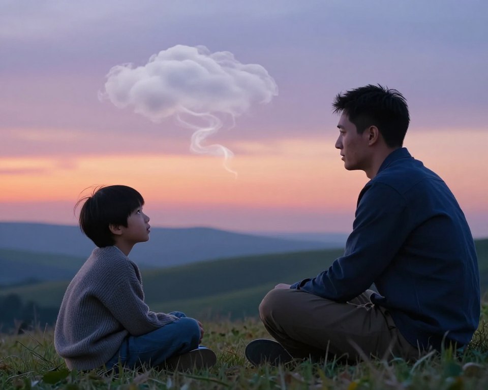 A serene, dreamlike scene illustrating a father and son engaging in a deep conversation. In the foreground, the father, dressed in smart casual attire, sits on a grassy hill, looking thoughtfully at his son, who wears a cozy sweater. The son's expression conveys curiosity and wonder. In the middle ground, soft, ethereal elements like floating clouds and gentle wisps of light symbolize the dream state, enhancing the dialogue's significance. The background features a tranquil landscape of rolling hills under a twilight sky, transitioning from warm hues of orange and pink to calming blues and purples. Soft, diffused lighting creates a peaceful atmosphere, emphasizing the emotional depth of their interaction. This image captures the essence of connection and the importance of conversation in dreams about children. A serene, dreamlike scene illustrating a father and son engaging in a deep conversation. In the foreground, the father, dressed in smart casual attire, sits on a grassy hill, looking thoughtfully at his son, who wears a cozy sweater. The son's expression conveys curiosity and wonder. In the middle ground, soft, ethereal elements like floating clouds and gentle wisps of light symbolize the dream state, enhancing the dialogue's significance. The background features a tranquil landscape of rolling hills under a twilight sky, transitioning from warm hues of orange and pink to calming blues and purples. Soft, diffused lighting creates a peaceful atmosphere, emphasizing the emotional depth of their interaction. This image captures the essence of connection and the importance of conversation in dreams about children.