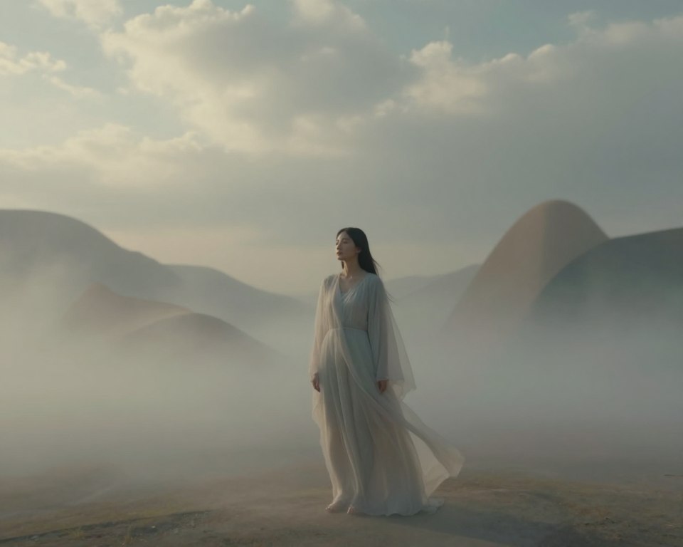 A serene dreamscape featuring a symbolic representation of vulnerability and trust. In the foreground, a figure of a woman stands gracefully, dressed in flowing, ethereal fabrics that blend seamlessly with the dream-like environment. Her expression conveys contemplation and serenity. In the middle ground, a surreal landscape unfolds with soft, swirling mists and gentle, muted colors that evoke a calming atmosphere. Soft light filters through the wispy clouds above, casting a delicate glow that illuminates the scene. In the background, abstract shapes and soft shadows suggest an exploration of subconscious thoughts and emotions. The overall mood is introspective and peaceful, inviting viewers to reflect on the deeper meanings of dreams and the symbolism of being exposed. Soft focus enhances the dreamy quality of the image, enriching its symbolic depth. A serene dreamscape featuring a symbolic representation of vulnerability and trust. In the foreground, a figure of a woman stands gracefully, dressed in flowing, ethereal fabrics that blend seamlessly with the dream-like environment. Her expression conveys contemplation and serenity. In the middle ground, a surreal landscape unfolds with soft, swirling mists and gentle, muted colors that evoke a calming atmosphere. Soft light filters through the wispy clouds above, casting a delicate glow that illuminates the scene. In the background, abstract shapes and soft shadows suggest an exploration of subconscious thoughts and emotions. The overall mood is introspective and peaceful, inviting viewers to reflect on the deeper meanings of dreams and the symbolism of being exposed. Soft focus enhances the dreamy quality of the image, enriching its symbolic depth.