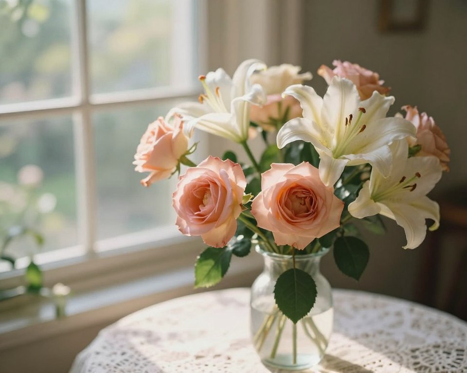 A serene dreamscape featuring cut flowers in a vase, symbolizing the passage of time and the beauty of fleeting moments. In the foreground, intricately detailed roses and lilies in soft pastels, their petals gently unfurling, capture the essence of ephemeral beauty. The middle ground reveals the vase on a delicate lace tablecloth, with a soft glow emanating from sunlight streaming in through a nearby window, creating a warm ambiance. In the background, subtle impressions of a garden blur into a dreamy haze, evoking a sense of nostalgia. The overall atmosphere is tranquil and reflective, with soft bokeh effects, shot from a slightly elevated angle to enhance depth. Rich, natural lighting highlights the textures of the petals and leaves, emphasizing their fragility.