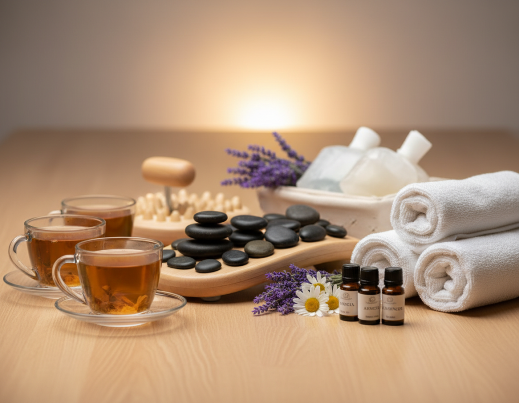 A serene health-focused setting featuring a neatly arranged collection of natural remedies for alleviating big toe pain. In the foreground, display soothing herbal teas, essential oils in small glass bottles, and soft, fluffy towels. In the middle ground, a stylish foot massager and natural ice packs are gently placed beside delicate flowers like lavender and chamomile. The background includes a soft wooden table with warm, inviting lighting casting a relaxing ambiance. Use a shallow depth of field to focus on the remedies while softly blurring the background, creating a peaceful atmosphere. The scene should express a sense of comfort, wellness, and natural healing.