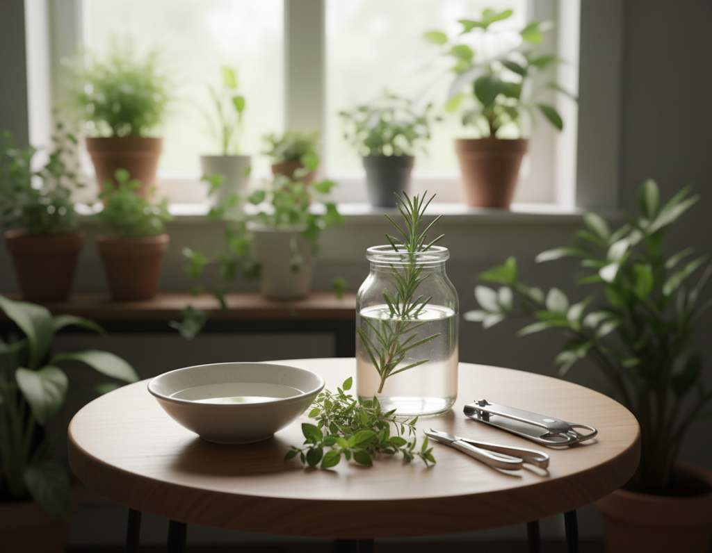 A serene home setting focusing on natural remedies for nail fungus treatment using vinegar. In the foreground, a stylish wooden table displaying a bowl of white vinegar beside fresh herbs like thyme and oregano, along with a pair of clean nail clippers. The middle ground features soft, diffused light spilling in from a nearby window, illuminating a small glass jar filled with a mixture of vinegar and water, topped with a sprig of rosemary. In the background, a peaceful indoor garden with green plants and a subtle hint of sunlight, creating an inviting and calming atmosphere. The overall mood is warm, inviting, and focused on holistic home care.