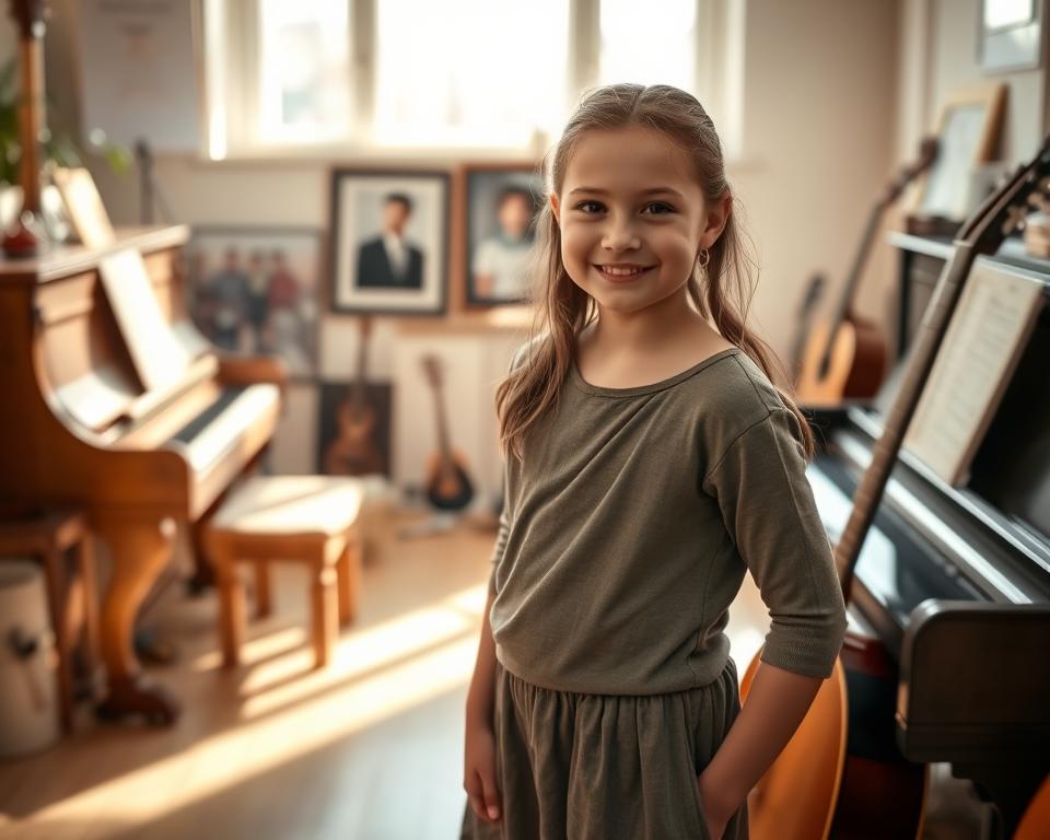A serene scene depicting a young girl in modest casual clothing, standing in a sunlit room filled with musical instruments like a piano and a guitar, showcasing a familial atmosphere. In the foreground, the girl is smiling and might be holding sheet music, reflecting her connection to music that symbolizes her heritage as the daughter of Izabela Fojcik. In the middle, a soft focus captures framed family photos on the wall, hinting at the warmth of familial relationships. The background features large windows, letting in gentle, natural light that creates a peaceful mood, emphasizing harmony and creativity. The overall atmosphere is inviting and celebratory, encapsulating the essence of family and music. A serene scene depicting a young girl in modest casual clothing, standing in a sunlit room filled with musical instruments like a piano and a guitar, showcasing a familial atmosphere. In the foreground, the girl is smiling and might be holding sheet music, reflecting her connection to music that symbolizes her heritage as the daughter of Izabela Fojcik. In the middle, a soft focus captures framed family photos on the wall, hinting at the warmth of familial relationships. The background features large windows, letting in gentle, natural light that creates a peaceful mood, emphasizing harmony and creativity. The overall atmosphere is inviting and celebratory, encapsulating the essence of family and music.