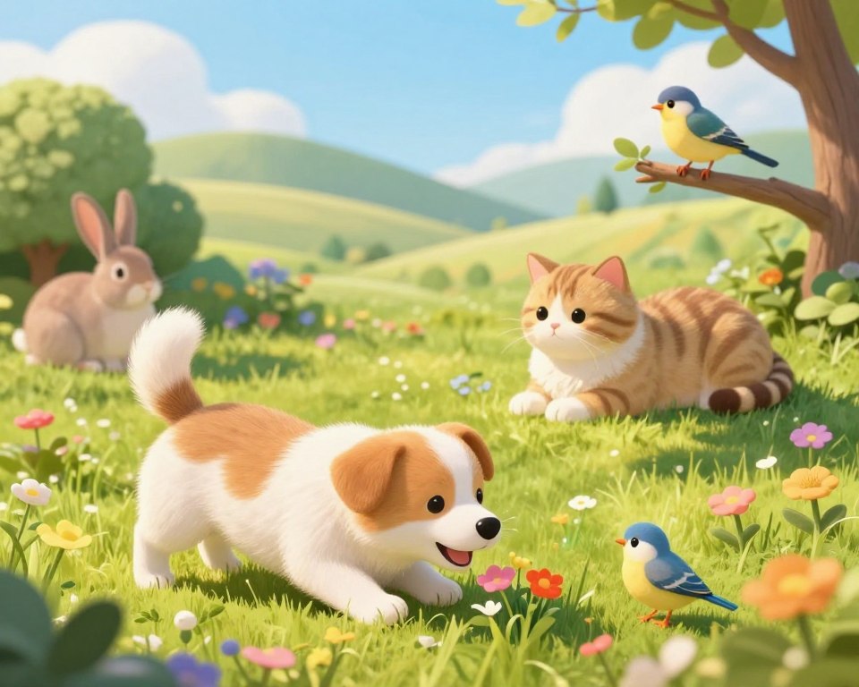 A serene, whimsical scene featuring a dog playfully interacting with a variety of charming animals, including a cat, rabbit, and a small bird. The foreground shows the dog with a joyful expression, tail wagging, as it sniffs around colorful flowers. The middle ground highlights the cat lounging lazily on a sunlit patch of grass, while the rabbit curiously peeks from behind a bush. A gentle bird perches on a nearby branch, adding life to the scene. The background reveals a soft-focus landscape of rolling hills under a bright, clear blue sky, with warm sunlight casting soft shadows. The overall atmosphere is cheerful and inviting, conveying positive emotions associated with companionship and nature.