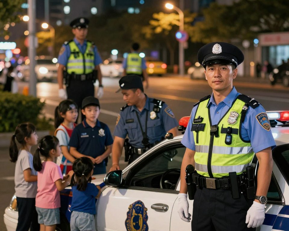 A series of dreamlike vignettes featuring police in various contexts: in the foreground, depict a police officer in professional attire standing confidently beside a patrol car, looking towards the viewer with a compassionate gaze. In the middle ground, show a scene of a community interaction, where a police officer is engaging with children, promoting safety in a playful atmosphere. In the background, illustrate a nighttime cityscape with soft streetlights illuminating a patrol officer walking a beat, embodying a sense of security. Use warm, inviting lighting to create a positive and reassuring mood, with a slight focus blur on the distant city architecture to emphasize the foreground subjects. Capture the essence of safety, authority, and community connection amidst the varied contexts of police presence.