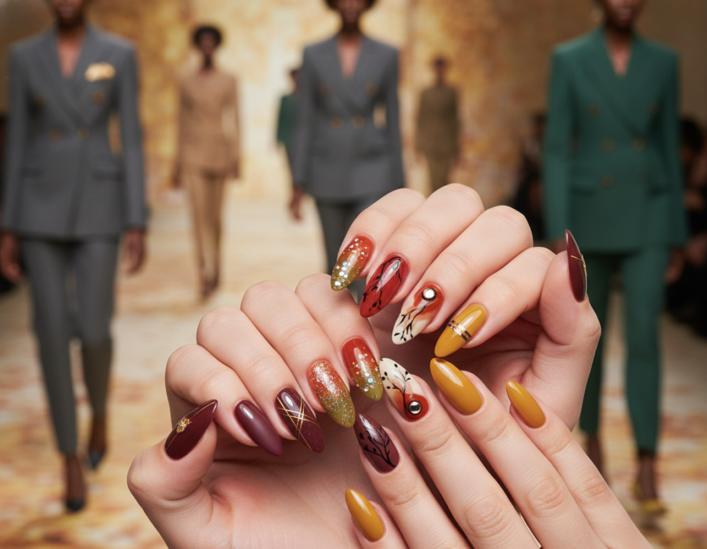 A stylish nail art showcase for autumn 2024 inspired by runway trends, featuring a variety of intricate designs. In the foreground, close-up views of elegantly manicured nails adorned with rich, warm colors like deep burgundy, burnt orange, and earthy greens. Each nail design displays unique patterns, including matte finishes, geometric shapes, and subtle sparkles. In the middle ground, softly blurred models in chic, professional attire display their nails, creating a sophisticated ambiance. The background features an abstract runway with soft lighting to enhance the fashion-forward aesthetic. The atmosphere is warm, inviting, and evokes a sense of seasonal elegance, perfect for autumn. The overall composition should capture the latest trends in fall nail inspiration without any text or additional distractions. A stylish nail art showcase for autumn 2024 inspired by runway trends, featuring a variety of intricate designs. In the foreground, close-up views of elegantly manicured nails adorned with rich, warm colors like deep burgundy, burnt orange, and earthy greens. Each nail design displays unique patterns, including matte finishes, geometric shapes, and subtle sparkles. In the middle ground, softly blurred models in chic, professional attire display their nails, creating a sophisticated ambiance. The background features an abstract runway with soft lighting to enhance the fashion-forward aesthetic. The atmosphere is warm, inviting, and evokes a sense of seasonal elegance, perfect for autumn. The overall composition should capture the latest trends in fall nail inspiration without any text or additional distractions.
