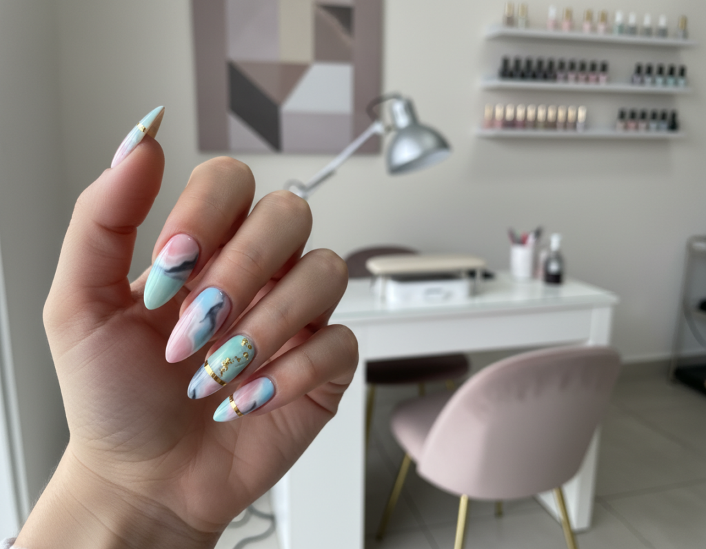 A stylish nail design showcasing hybrid nails for 2025, featuring a luxurious marble effect. The foreground highlights a perfectly manicured hand with elegantly shaped long nails adorned with a blend of soft pastels and striking marble patterns in white, gray, and subtle gold accents. In the middle ground, a modern, minimalist nail salon setting is depicted, with sleek furniture and calming decor. A soft, diffused light illuminates the scene, creating an inviting atmosphere. In the background, a display of nail polish colors on a shelf adds a touch of sophistication. The overall mood is trendy, innovative, and serene, embodying the latest in nail care and styling innovations for 2025. A stylish nail design showcasing hybrid nails for 2025, featuring a luxurious marble effect. The foreground highlights a perfectly manicured hand with elegantly shaped long nails adorned with a blend of soft pastels and striking marble patterns in white, gray, and subtle gold accents. In the middle ground, a modern, minimalist nail salon setting is depicted, with sleek furniture and calming decor. A soft, diffused light illuminates the scene, creating an inviting atmosphere. In the background, a display of nail polish colors on a shelf adds a touch of sophistication. The overall mood is trendy, innovative, and serene, embodying the latest in nail care and styling innovations for 2025.