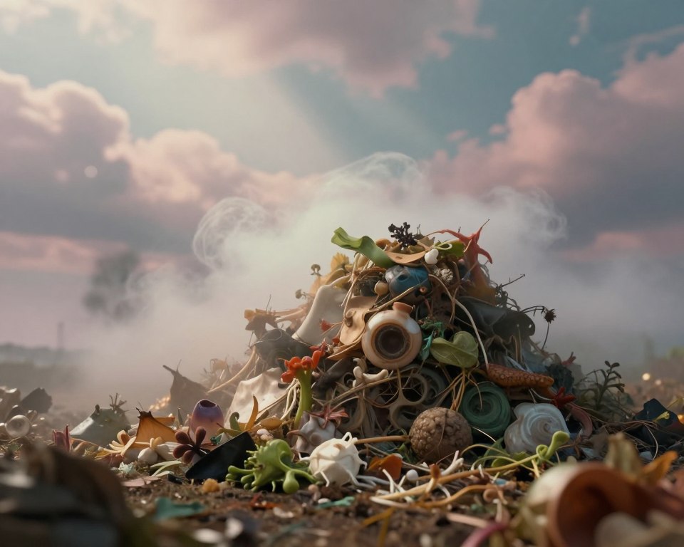 A surreal and thought-provoking depiction of dream symbolism related to waste and refuse. In the foreground, an abstract representation of a towering pile of organic waste, comprised of earthy browns and greens, intricately blended with whimsical dream-like elements. The middle ground features a softly glowing ethereal mist that surrounds the pile, hinting at the subconscious aspects of dreams. The background depicts a dreamy landscape, with soft pastel clouds and subtle rays of light filtering through, creating a tranquil yet intriguing atmosphere. Use soft focus lighting to enhance the mystery, with a slightly tilted angle to convey a sense of unease and reflection. The overall mood is surreal, thought-provoking, and introspective, inviting viewers to ponder the deeper meanings behind waste in dreams.