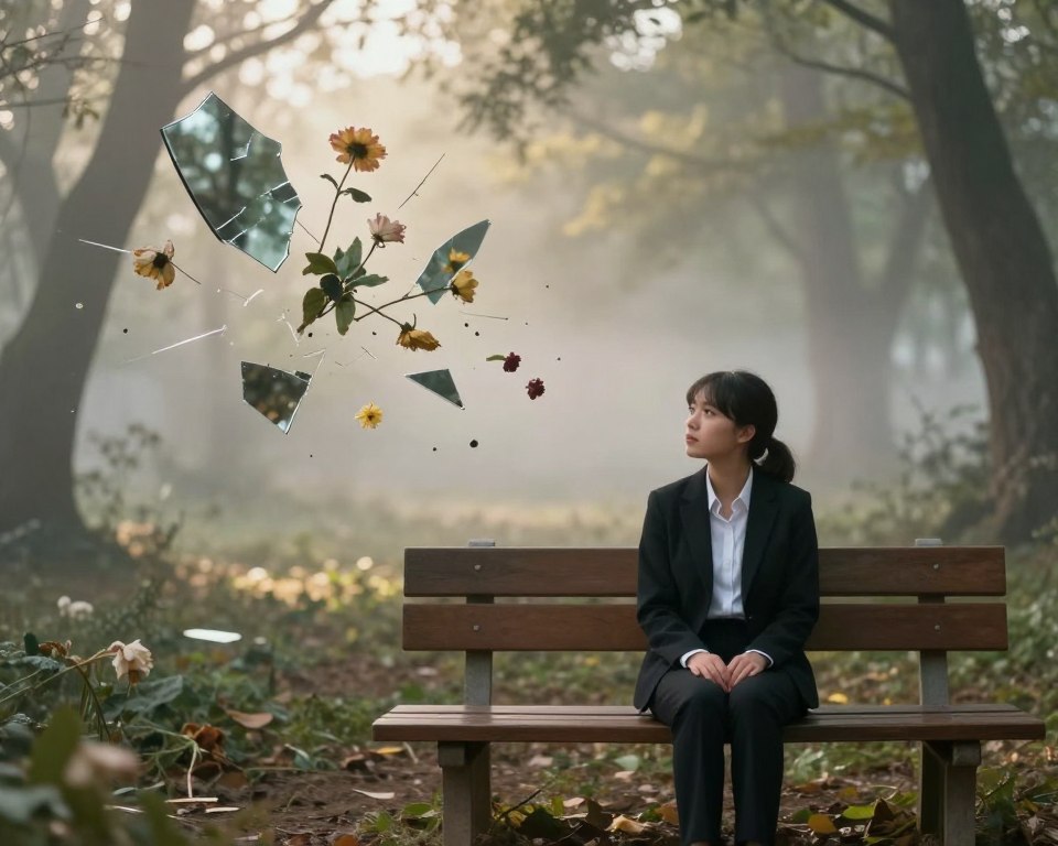A surreal, introspective image depicting the theme of dreams about divorce and inner transformation. In the foreground, a solitary figure in professional business attire sits on a wooden bench, gazing thoughtfully into the distance, symbolizing contemplation. The middle ground reveals a dream-like landscape with abstract, floating elements representing fragmented relationships, such as broken mirrors and wilted flowers. In the background, a soft, ethereal light filters through a misty forest, conveying a sense of hope and renewal. The atmosphere is both melancholic and transformative, emphasizing the psychological journey associated with divorce. The lighting is soft and diffused, creating a warm glow that draws the viewer into the scene, inviting reflection and understanding of deep emotional themes.