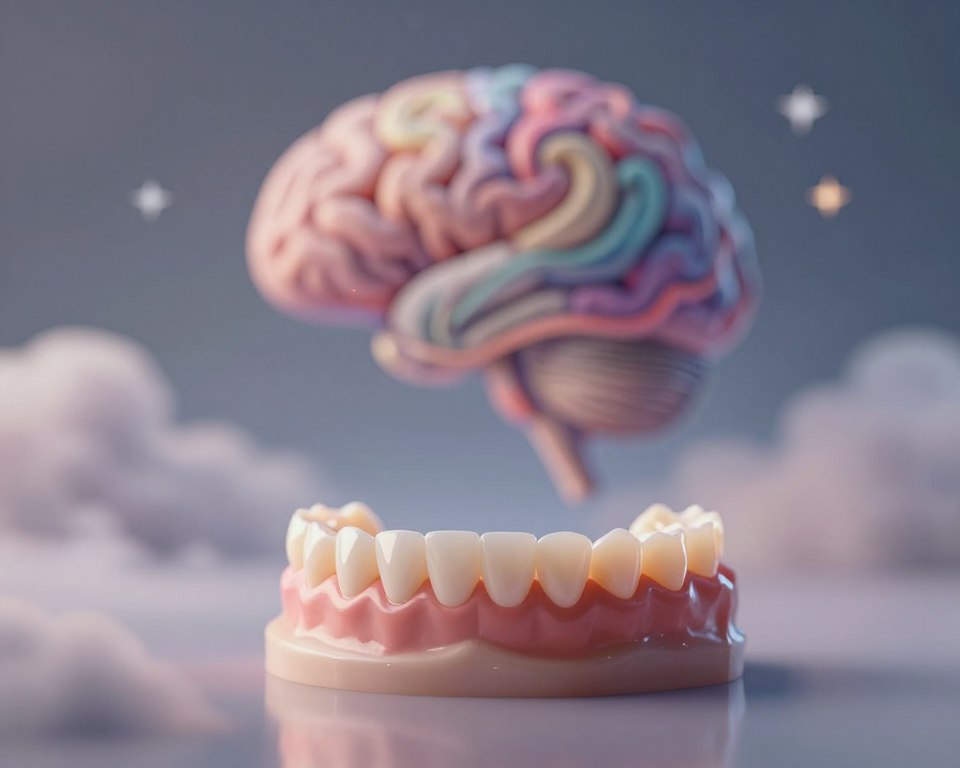 A surreal scene depicting a dreamlike interpretation of dental prosthetics and artificial teeth, set against a softly blurred, ethereal backdrop. In the foreground, a collection of realistic, luminescent dentures rests on a reflective surface, their intricate details shimmering in soft, warm light. The middle ground features an abstract representation of the human mind, illustrated with vibrant, swirling colors that convey psychological complexity. Wispy clouds and fading stars float gently in the background, adding to the dreamlike atmosphere. The composition should evoke a contemplative mood, using a shallow depth of field to emphasize the dentures while keeping the abstract mind elements slightly out of focus. The lighting should be soft and diffused, creating a calm and introspective ambiance, perfect for exploring psychological themes. A surreal scene depicting a dreamlike interpretation of dental prosthetics and artificial teeth, set against a softly blurred, ethereal backdrop. In the foreground, a collection of realistic, luminescent dentures rests on a reflective surface, their intricate details shimmering in soft, warm light. The middle ground features an abstract representation of the human mind, illustrated with vibrant, swirling colors that convey psychological complexity. Wispy clouds and fading stars float gently in the background, adding to the dreamlike atmosphere. The composition should evoke a contemplative mood, using a shallow depth of field to emphasize the dentures while keeping the abstract mind elements slightly out of focus. The lighting should be soft and diffused, creating a calm and introspective ambiance, perfect for exploring psychological themes.