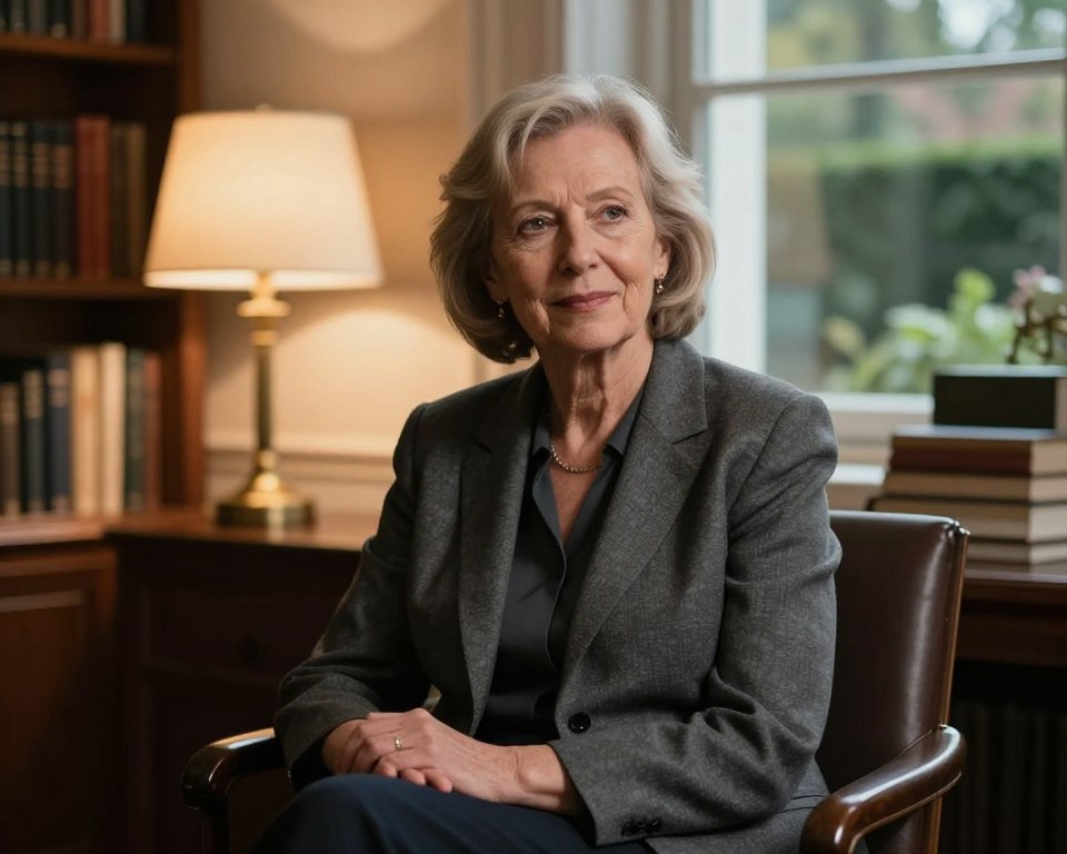A thoughtful portrait of a mature woman reflecting wisdom and experience, inspired by Barbara Giertych. She is seated in an elegant, understated office setting, surrounded by books and warm lighting emanating from a desk lamp. The woman has an engaging, gentle expression, dressed in professional attire, perhaps a tailored blazer and blouse. Soft shadows create depth in the image while a window in the background reveals a hint of a serene garden outside, suggesting tranquility. The composition is balanced, capturing her in a slightly off-center position to emphasize the environment. The mood is contemplative and respectful, showcasing her significant role in discussions about age and influence.
