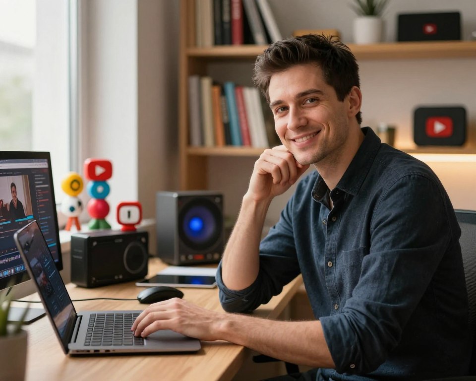 A thoughtful portrayal of Krzysztof Gonciarz, a young male YouTuber in his mid-30s, seated in a modern, cozy workspace. He has short, dark hair and a confident smile, wearing a stylish yet professional outfit. The foreground features him engaged with his laptop, reviewing video content. In the middle, various colorful YouTube memorabilia and tech gadgets showcase his career. The background reveals an inviting bookshelf filled with books and a soft, warm light streaming through a window, creating a comfortable atmosphere. The image is shot at eye level with a shallow depth of field to emphasize Krzysztof, evoking a sense of inspiration and ambition. A thoughtful portrayal of Krzysztof Gonciarz, a young male YouTuber in his mid-30s, seated in a modern, cozy workspace. He has short, dark hair and a confident smile, wearing a stylish yet professional outfit. The foreground features him engaged with his laptop, reviewing video content. In the middle, various colorful YouTube memorabilia and tech gadgets showcase his career. The background reveals an inviting bookshelf filled with books and a soft, warm light streaming through a window, creating a comfortable atmosphere. The image is shot at eye level with a shallow depth of field to emphasize Krzysztof, evoking a sense of inspiration and ambition.