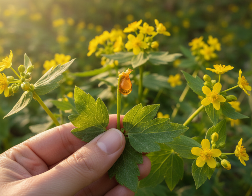 A vibrant display of the plant Chelidonium majus, commonly known as greater celandine, showcasing its distinct yellow flowers and lush green leaves. In the foreground, a hand gently holds a few leaves, emphasizing the plant's medicinal properties. The middle ground features a close-up of the plant's sap, showcasing its thick, orange-yellow consistency, which is historically used in fungal treatments. In the background, a softly blurred natural setting, like a sunlit forest or serene garden, enhances the atmosphere of healing and natural remedy. The light is warm and inviting, creating a tranquil and soothing mood. The image is taken from a slightly elevated angle to provide a comprehensive view while highlighting the beauty and significance of the plant in herbal medicine.