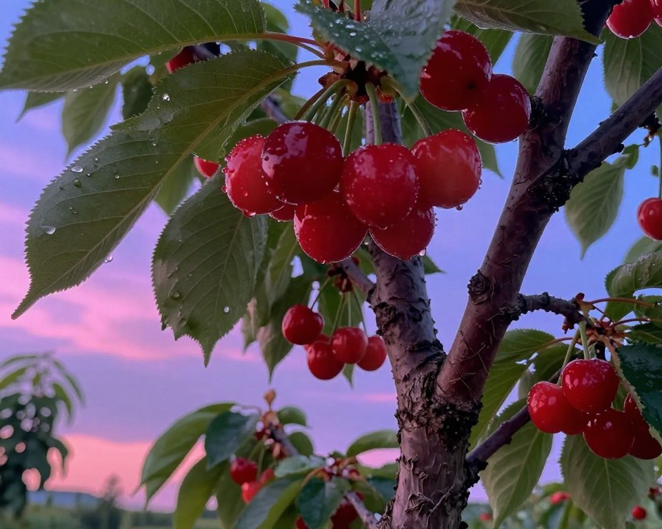 A vivid interpretation of a cherry tree, laden with ripe, glossy cherries in various shades of red, against a serene sky at twilight. In the foreground, lush green leaves frame the cherries, glistening with dew, creating a fresh and inviting atmosphere. The middle ground features a sturdy, textured trunk with rich brown bark, while soft pink and purple hues of the sunset light the scene, casting gentle shadows and enhancing the colorful cherries. The background fades into a tranquil blend of soft blues and purples, evoking a dreamlike quality. The overall mood is peaceful and reflective, symbolizing abundance and the sweetness of life. Capture this enchanting scene with a slightly elevated angle to give depth and dimension. A vivid interpretation of a cherry tree, laden with ripe, glossy cherries in various shades of red, against a serene sky at twilight. In the foreground, lush green leaves frame the cherries, glistening with dew, creating a fresh and inviting atmosphere. The middle ground features a sturdy, textured trunk with rich brown bark, while soft pink and purple hues of the sunset light the scene, casting gentle shadows and enhancing the colorful cherries. The background fades into a tranquil blend of soft blues and purples, evoking a dreamlike quality. The overall mood is peaceful and reflective, symbolizing abundance and the sweetness of life. Capture this enchanting scene with a slightly elevated angle to give depth and dimension.
