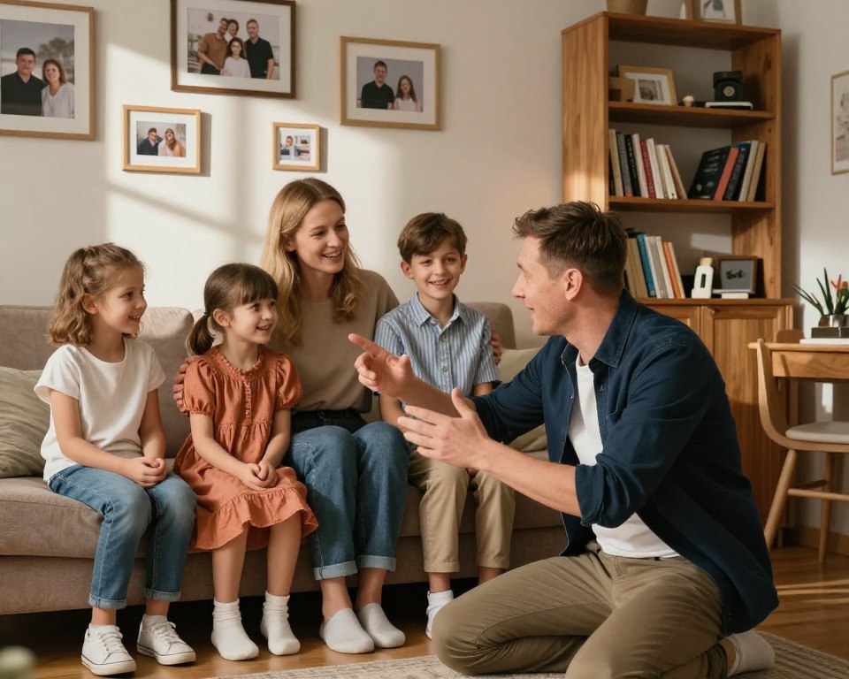 A warm and inviting family scene featuring Piotr Bałtroczyk and his family, showcasing the values of love, support, and togetherness. In the foreground, Piotr, dressed in smart casual attire, is playfully interacting with his wife and children, who are similarly attired in modest, cheerful clothing. They are gathered in a cozy living room, surrounded by family photos and keepsakes that symbolize their close bond. In the middle ground, soft natural light filters through a window, casting gentle shadows across the room, enhancing the intimate atmosphere. The background features a bookshelf filled with books and personal mementos, adding depth to the scene. The overall mood is joyful and heartwarming, reflecting the importance of family in Piotr's life. A warm and inviting family scene featuring Piotr Bałtroczyk and his family, showcasing the values of love, support, and togetherness. In the foreground, Piotr, dressed in smart casual attire, is playfully interacting with his wife and children, who are similarly attired in modest, cheerful clothing. They are gathered in a cozy living room, surrounded by family photos and keepsakes that symbolize their close bond. In the middle ground, soft natural light filters through a window, casting gentle shadows across the room, enhancing the intimate atmosphere. The background features a bookshelf filled with books and personal mementos, adding depth to the scene. The overall mood is joyful and heartwarming, reflecting the importance of family in Piotr's life.
