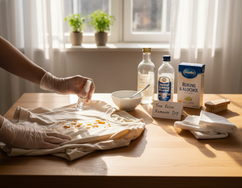 A well-lit kitchen countertop featuring a variety of household items used for removing tree resin from clothing. In the foreground, a pair of hands wearing modest latex gloves is applying a homemade solution to a soiled shirt with visible resin spots. The middle section reveals an array of common household ingredients like vinegar, baking soda, and rubbing alcohol, neatly arranged alongside soft cloths and a small brush. The background displays a sunny window, enhancing the atmosphere with warm, inviting light. The overall mood is practical and resourceful, highlighting DIY techniques for stain removal. The camera angle is slightly above the countertop, capturing the action and tools in focus while ensuring clarity and detail.