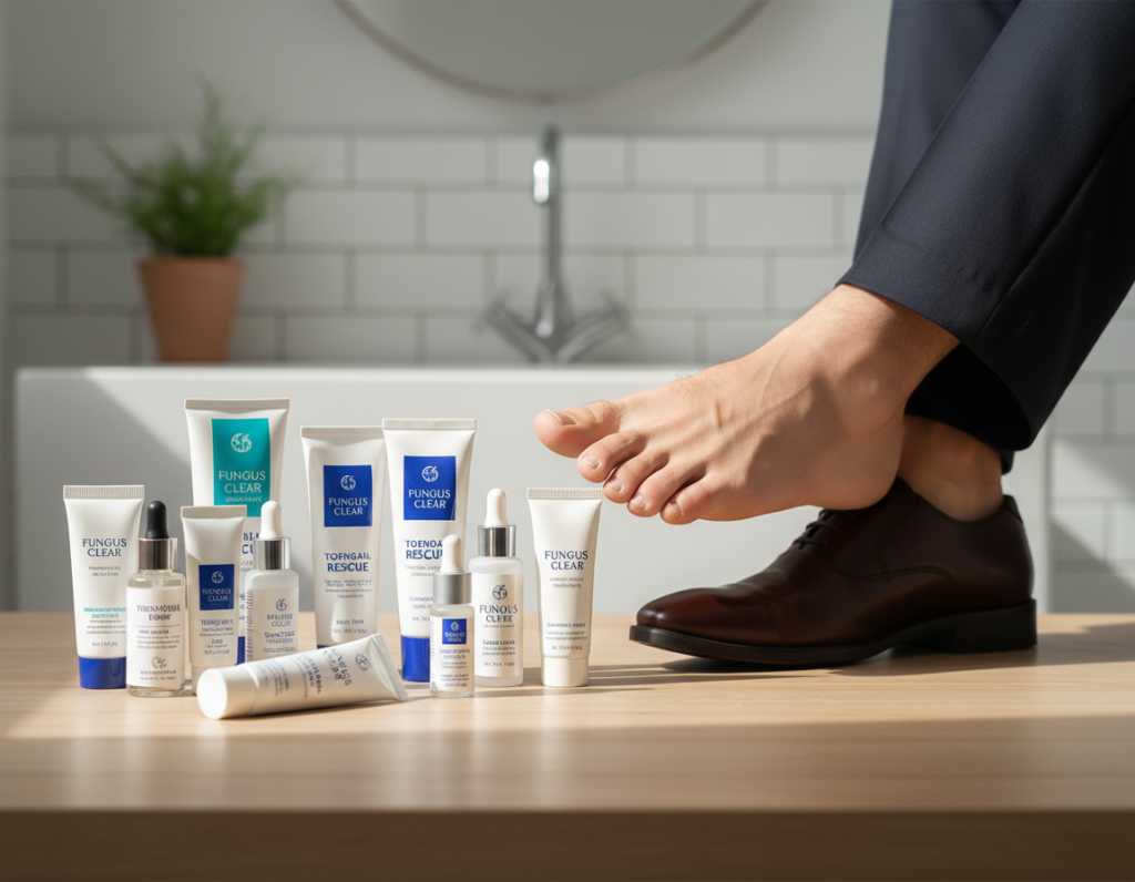A well-organized display of antifungal nail treatments positioned on a clean, light wood surface. In the foreground, prominently feature a variety of antifungal creams and topical solutions in elegant tubes and jars with modern, professional packaging. The middle ground should include a pair of human feet with neatly trimmed nails, wearing professional business attire, showcasing healthy toenails. Soft, natural lighting illuminates the scene, creating a fresh and clinical atmosphere. In the background, a blurred image of a bathroom setting with subtle colors enhances the focus on the products, suggesting a home care environment. The composition should evoke a sense of comfort and reliability, reflecting effective treatments for toenail fungus.