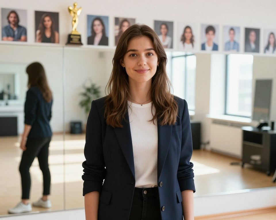 A young woman who resembles Eliza from "Rodzina Zastępcza" stands confidently in a bright, modern acting studio. In the foreground, she is dressed in a smart casual outfit, with a warm smile and expressive eyes that reflect her passion for acting. The middle ground features a large mirror reflecting her practice, along with various acting awards and framed photos of her journey in the background. Soft, natural lighting streams through large windows, creating an inspiring and motivational atmosphere. The focus is sharp on her, while the background maintains a slight blur, emphasizing her as the main subject. The scene conveys ambition, growth, and the transformative impact of her experiences in acting.