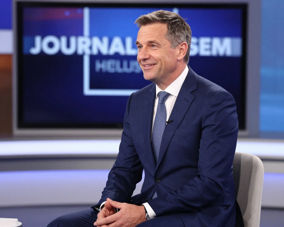 Andrzej Sołtysik, a middle-aged male television presenter, is seen from a three-quarter angle, sitting in a well-lit modern studio. He has short, neatly styled hair, and is wearing a sharp navy blue suit with a white shirt and a stylish tie. The foreground features him engaging with an unseen audience, exuding a warm and approachable demeanor. The middle layer includes a high-tech television backdrop displaying abstract graphics related to journalism, creating a dynamic atmosphere. Soft, diffuse lighting illuminates the scene, highlighting his facial expressions and attire. The mood is professional yet inviting, evoking a sense of authority and experience, suitable for a discussion on age and career in journalism.