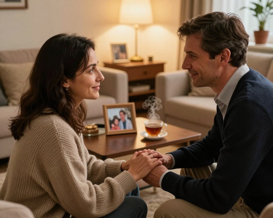 Barbara and Jan Himilsbach in a warm, intimate moment in their cozy living room, surrounded by personal mementos that reflect their life together. In the foreground, Barbara, a woman in her 30s with dark hair, wearing a comfortable but stylish sweater, gently holds Jan’s hand. Jan, a man with a kind face and a neat appearance, is dressed in smart casual attire, looking at Barbara with affection. In the middle ground, a small coffee table holds a family photo and a steaming cup of tea, adding to the relaxed atmosphere. The background features soft, warm lighting from a nearby lamp, creating a nostalgic and loving ambiance. The image conveys deep emotional connection and partnership, encapsulating their bond and shared life.
