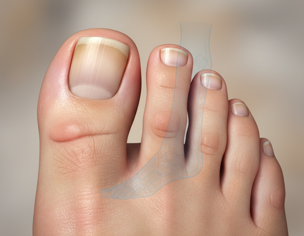 Detailed medical illustration of a swollen toenail with inflammation around the nail bed. The foreground features an extreme close-up of the impacted toenail, showcasing redness, swelling, and the texture of the surrounding skin. In the middle ground, a faint anatomical outline of the foot provides context. The background is soft and blurred, emphasizing the toenail as the focal point. Use natural lighting to highlight the vivid details of the toenail, with a slight gloss to suggest moisture. Capture the image from a slightly elevated angle, creating an educational and clinical atmosphere. The overall mood should convey a sense of seriousness, suitable for a medical discussion on symptoms accompanying nail pain.