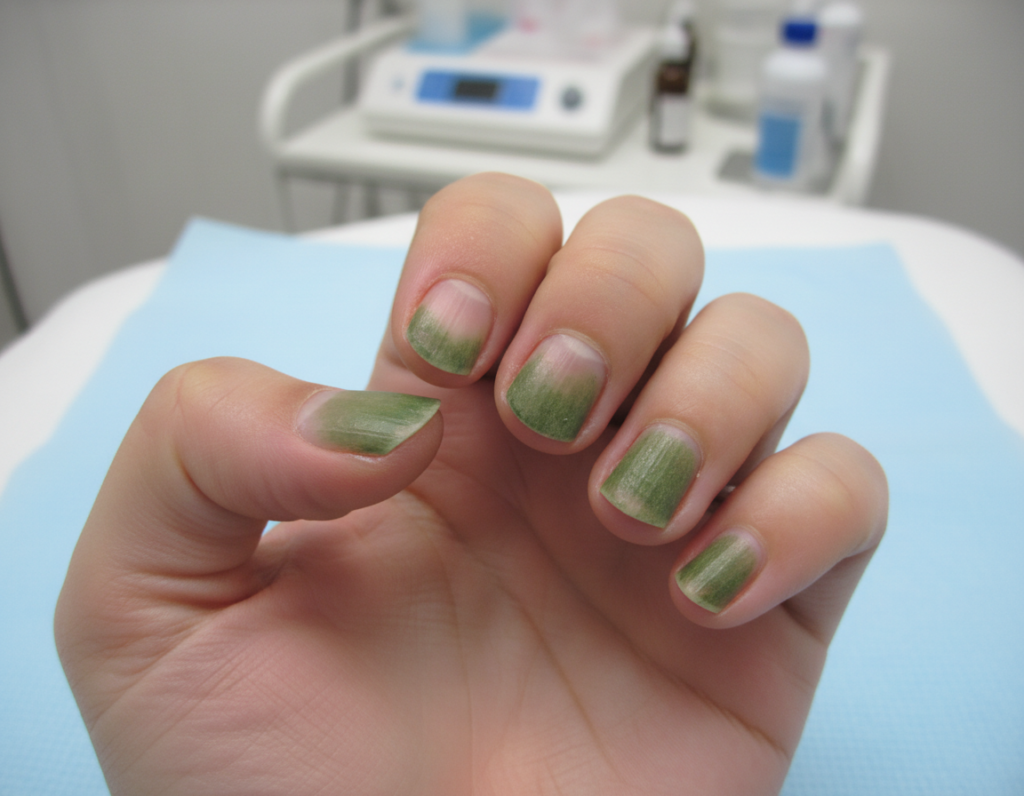 A close-up image of a person's hand with prominently displayed green nail discoloration, indicative of a green nail syndrome caused by bacterial infection. The focus is on the affected nails, showcasing their texture and unusual coloration, with a blurry background featuring a soft-focus clinical environment. The lighting is bright and clinical, enhancing the vivid green tones of the nails and emphasizing any signs of inflammation. The hand should be in a neutral position, capturing the details of the infection without causing alarm. The mood conveys a sense of professionalism and curiosity, suitable for an informative article, while avoiding any disturbing imagery.