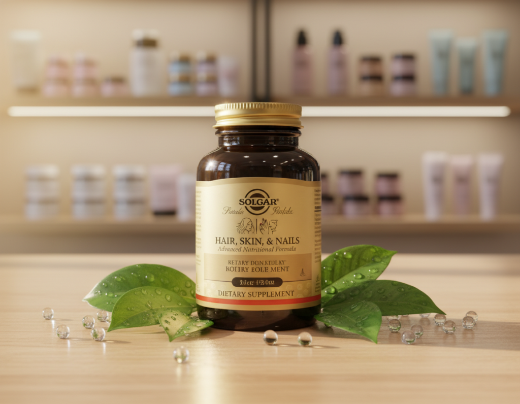 A close-up view of a bottle of Solgar dietary supplement, specifically designed for hair, skin, and nails, placed on a clean, elegant wooden surface. The bottle should be surrounded by natural elements like green leaves and small, glistening water droplets to evoke a sense of health and freshness. In the background, softly blurred shelves filled with beauty products and skincare items to add context. Warm, natural lighting casts a gentle glow, enhancing the bottle's label, highlighting the product's details and ingredients. The composition should convey a soothing and professional atmosphere, ideal for an informative article about how to use the supplement.