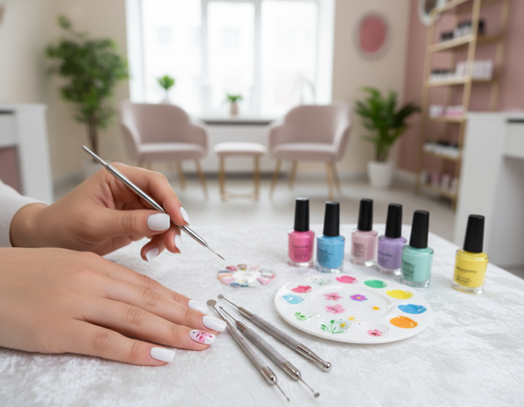 A close-up view of elegantly manicured nails on a soft white surface, preparing for floral nail art decoration. The foreground showcases hands gently holding a variety of nail tools such as a fine brush, dotting tools, and colorful nail polishes arranged in an aesthetically pleasing manner. In the middle ground, a small palette of vibrant colors and delicate floral designs can be seen, hinting at the upcoming nail art. The background features a soft-focus view of a well-lit, professional nail salon with calming pastel tones. The lighting is bright but soft, creating a warm, inviting atmosphere, perfect for creativity. The overall mood is focused and artistic, illustrating the meticulous preparation before applying intricate floral patterns on the nails. A close-up view of elegantly manicured nails on a soft white surface, preparing for floral nail art decoration. The foreground showcases hands gently holding a variety of nail tools such as a fine brush, dotting tools, and colorful nail polishes arranged in an aesthetically pleasing manner. In the middle ground, a small palette of vibrant colors and delicate floral designs can be seen, hinting at the upcoming nail art. The background features a soft-focus view of a well-lit, professional nail salon with calming pastel tones. The lighting is bright but soft, creating a warm, inviting atmosphere, perfect for creativity. The overall mood is focused and artistic, illustrating the meticulous preparation before applying intricate floral patterns on the nails.