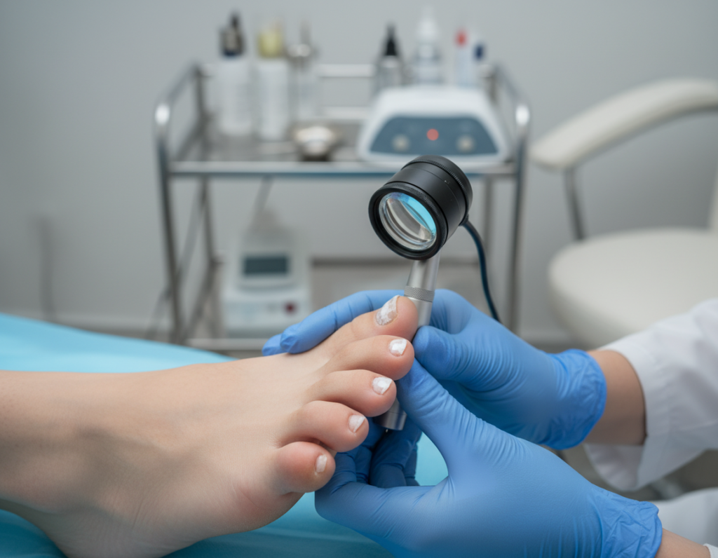 A detailed clinical examination of toenails showing white spots indicative of potential dermatological issues. In the foreground, a well-groomed foot with visible toenails under a bright, clinical light, emphasizing the white spots. The middle layer includes a focused hand of a healthcare professional, wearing modest medical attire, gently holding the foot for inspection. In the background, a blurred medical environment, possibly an examination room with dermatology equipment, softly illuminated for a sterile atmosphere. The image should evoke a mood of professionalism and care, conveying an informative and respectful approach to dermatological diagnosis. The camera should be positioned at a 45-degree angle to capture both the foot and the examining hand effectively.