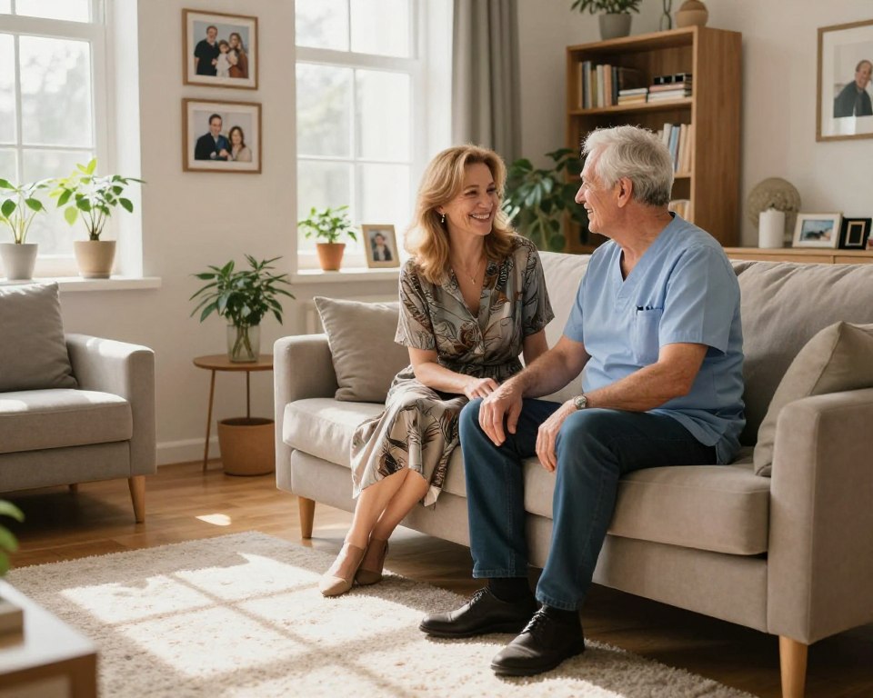 A heartwarming scene of Robert Śmigielski and his wife, Weronika Rosati, enjoying a family moment in a cozy living room. In the foreground, Robert, a distinguished orthopedic surgeon, is seated on a comfortable sofa, dressed in a smart casual outfit, while Weronika, an elegant figure in a stylish yet modest dress, sits next to him, smiling warmly. In the middle ground, personalize the ambiance with soft, natural light filtering through large windows, casting gentle shadows on the plush rug. Family photographs adorn the walls, emphasizing a loving home environment. In the background, a tastefully decorated bookshelf and indoor plants create a welcoming atmosphere. The mood is joyful and intimate, capturing the essence of family life with warmth and affection.