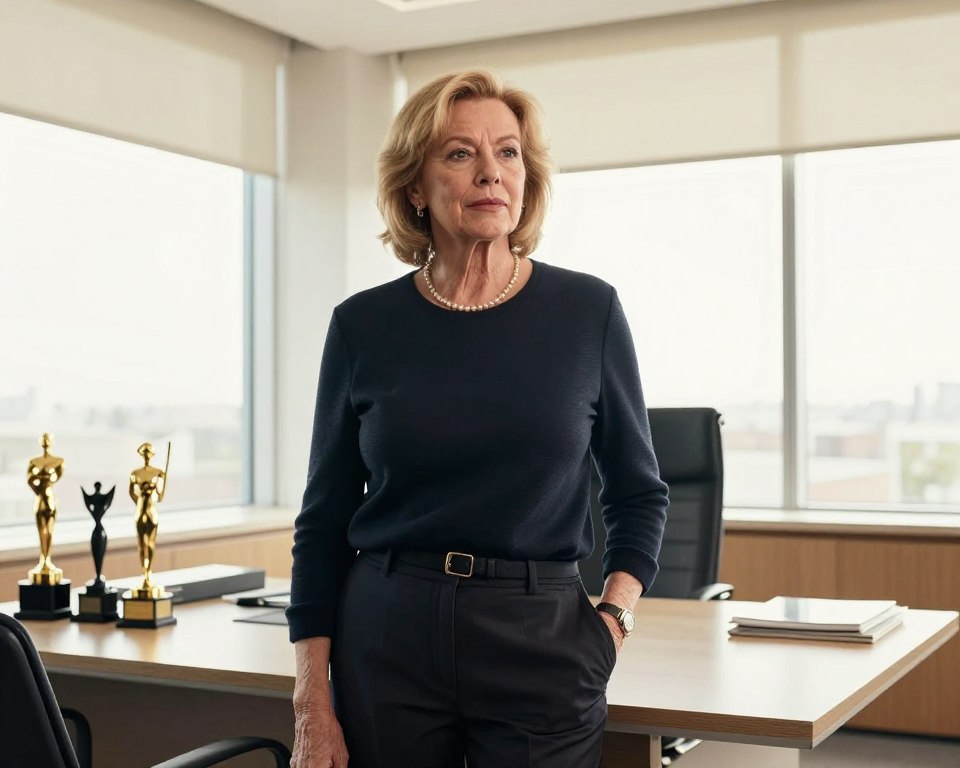 A middle-aged Polish actress, Anita Kruszewska, stands in a well-lit modern office environment, symbolizing her journey and the curiosity surrounding her age. The foreground captures her in a professional yet approachable stance, dressed in smart casual attire, reflecting confidence and charm. The middle ground features a contemporary desk and a few film awards, hinting at her successful career. The background showcases a large window with natural light pouring in, providing a bright and inviting atmosphere. The overall mood is one of intrigue and respect, highlighting the discussion of her age with an air of elegance and professionalism. Use a warm color palette with soft shadows to enhance the inviting ambiance, shot from a slightly low angle to convey strength and presence.