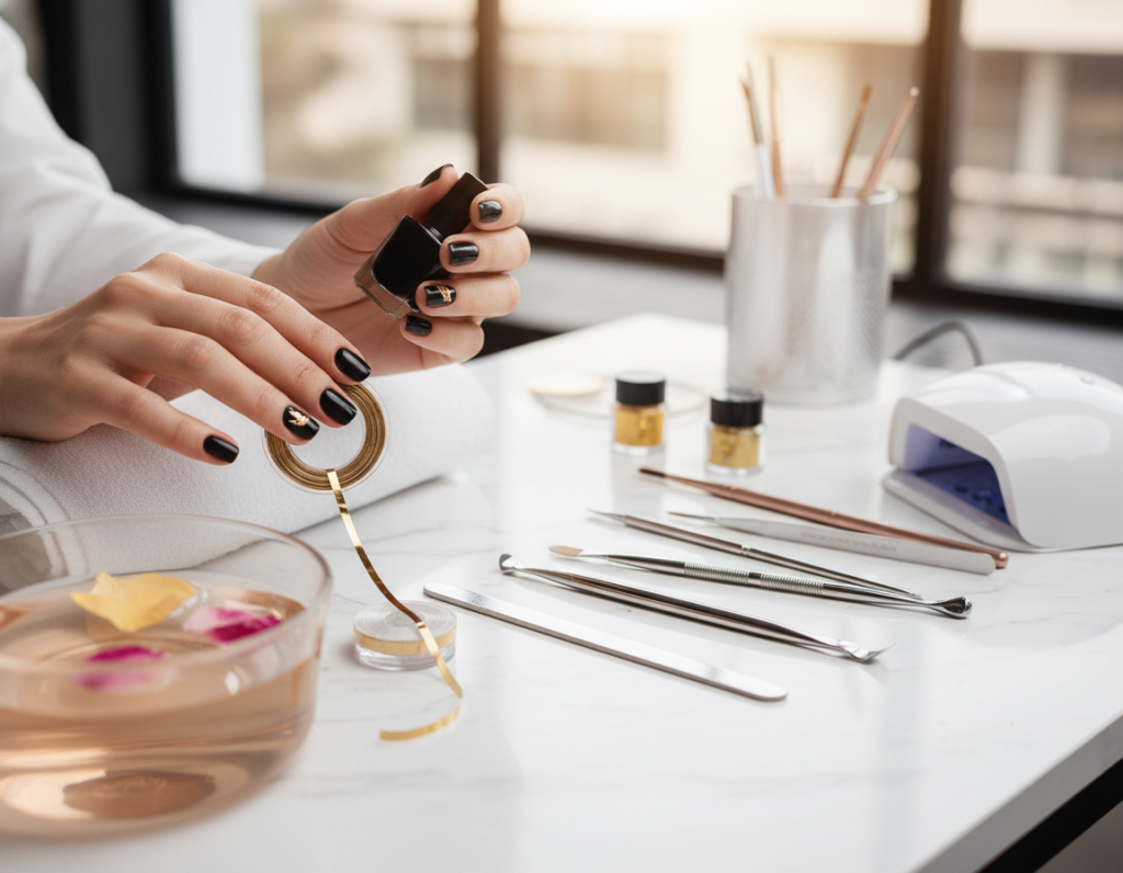 A neatly arranged manicure station showcasing a preparation scene for elegant black nail designs with gold accents. In the foreground, there are well-groomed hands gently holding a bottle of black nail polish, alongside a gold striping tape roll. The middle ground features a beautifully organized array of manicure tools, including a nail file, cuticle pusher, and a small bowl of warm water, all on a clean, white salon table. The background exhibits soft, diffused lighting, creating a serene and inviting atmosphere. The focus is sharp on the hands and tools, with a shallow depth of field on the background for an artistic effect. Overall, the mood is one of elegance and sophistication, setting the stage for a creative manicure experience. A neatly arranged manicure station showcasing a preparation scene for elegant black nail designs with gold accents. In the foreground, there are well-groomed hands gently holding a bottle of black nail polish, alongside a gold striping tape roll. The middle ground features a beautifully organized array of manicure tools, including a nail file, cuticle pusher, and a small bowl of warm water, all on a clean, white salon table. The background exhibits soft, diffused lighting, creating a serene and inviting atmosphere. The focus is sharp on the hands and tools, with a shallow depth of field on the background for an artistic effect. Overall, the mood is one of elegance and sophistication, setting the stage for a creative manicure experience.